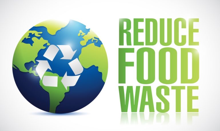 Recycling illustration with a the recycling icon on an earth globe with the words "Reduce Food Waste" beside it.
