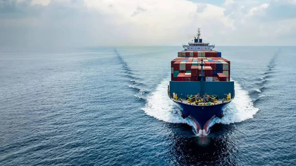 A cargo ship moves with speed leaving a trail of water behind in the middle of the ocean